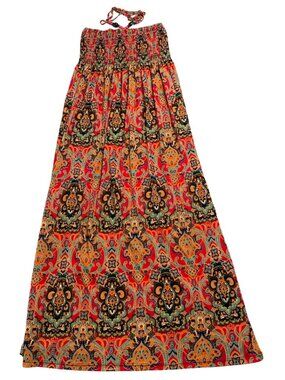 Isla Bonita Halter Strapless Maxi Dress Red Orange Paisley, Large/Medium